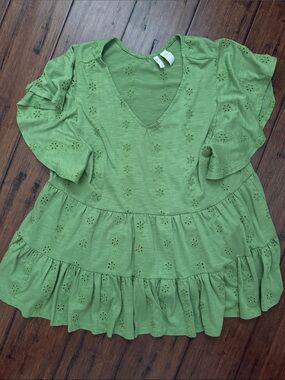 Cato Green Eyelet Ruffle Blouse